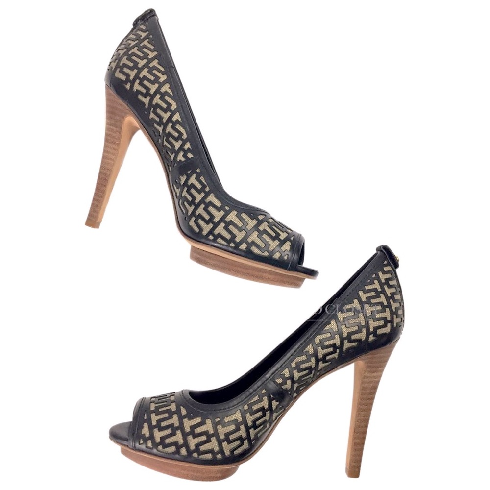 Tory Burch Regan Black & Tan Leather & Linen Laser Cut Peep Toe Platform Heels